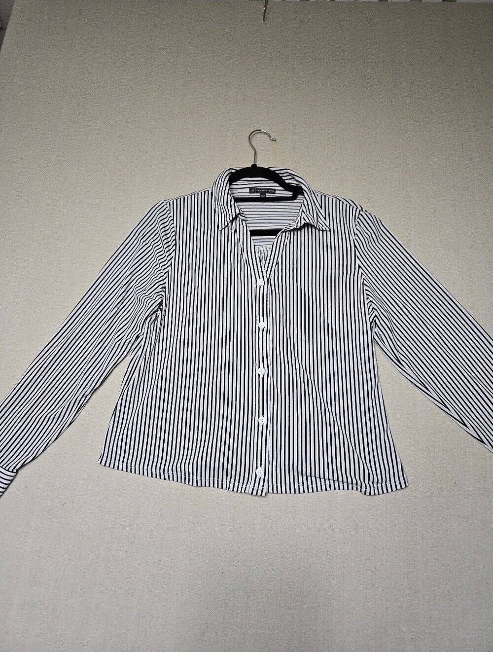 Adrianna Papell Black & White Vertical Stripe Button-Down Shirt W Stretch